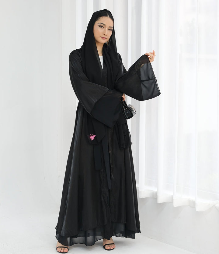 Get trendy with Sunny Layered Open Abaya Kimono - Black -  available at Voilee NY. Grab yours for $69.90 today!