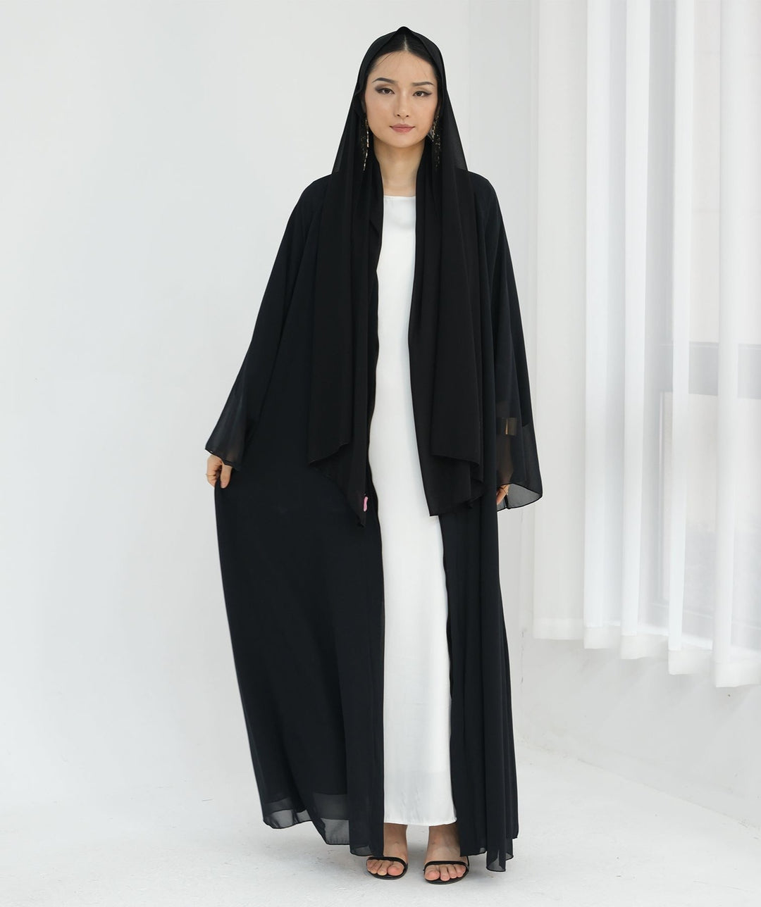 Get trendy with Sunny Layered Open Abaya Kimono - Black -  available at Voilee NY. Grab yours for $69.90 today!