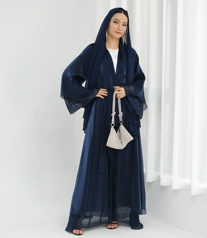 Get trendy with Sunny Layered Open Abaya Kimono - Navy -  available at Voilee NY. Grab yours for $69.90 today!