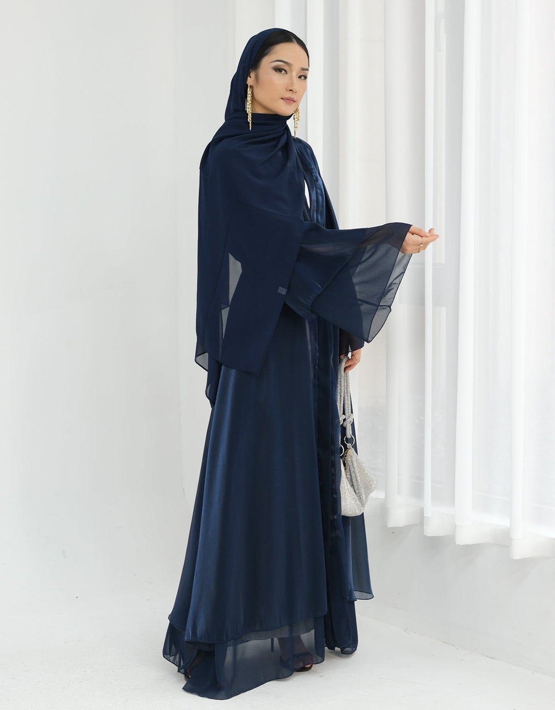 Get trendy with Sunny Layered Open Abaya Kimono - Navy -  available at Voilee NY. Grab yours for $69.90 today!