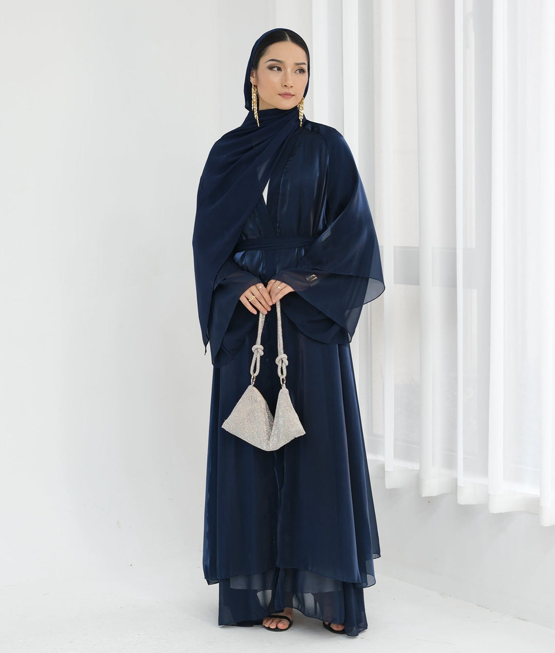 Get trendy with Sunny Layered Open Abaya Kimono - Navy -  available at Voilee NY. Grab yours for $69.90 today!