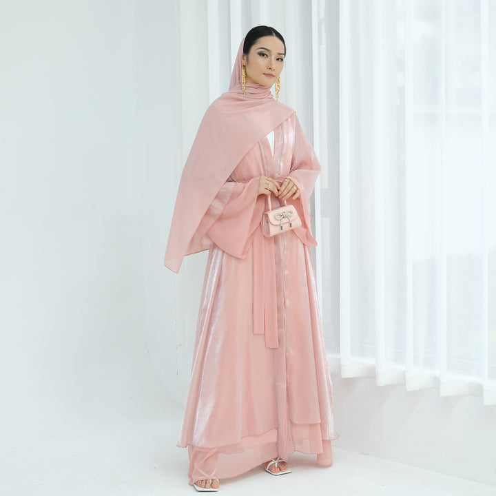 Get trendy with Sunny Layered Open Abaya Kimono - Coral -  available at Voilee NY. Grab yours for $69.90 today!