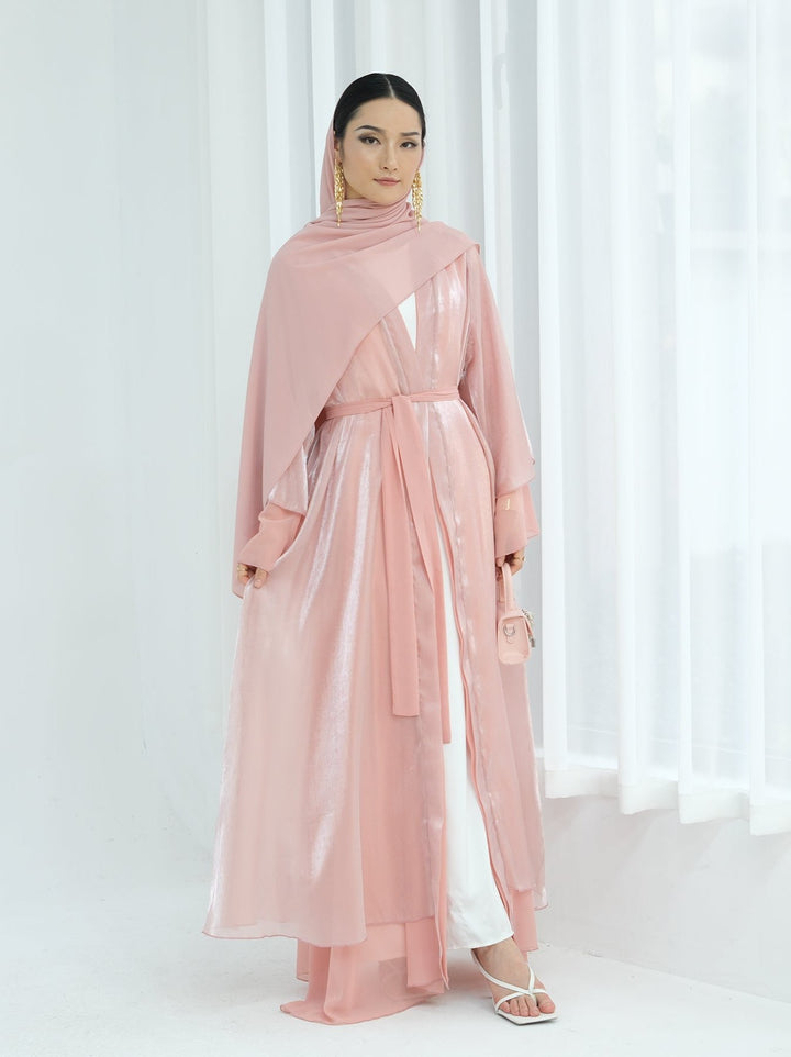 Get trendy with Sunny Layered Open Abaya Kimono - Coral -  available at Voilee NY. Grab yours for $69.90 today!