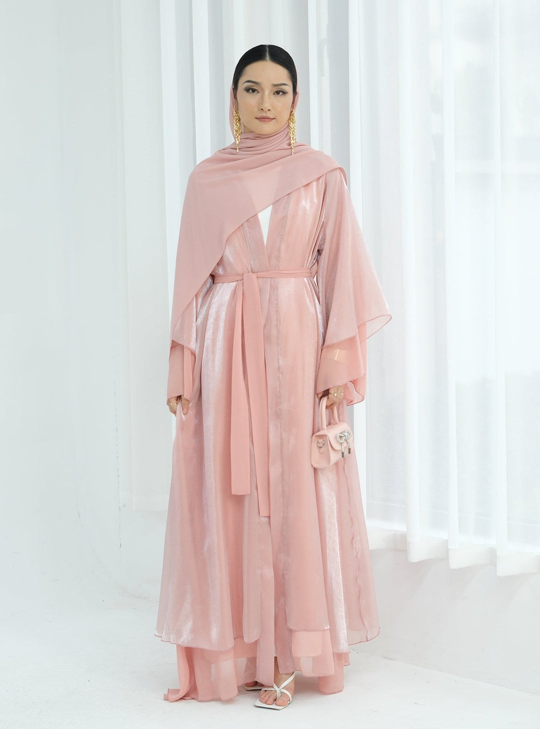 Get trendy with Sunny Layered Open Abaya Kimono - Coral -  available at Voilee NY. Grab yours for $69.90 today!