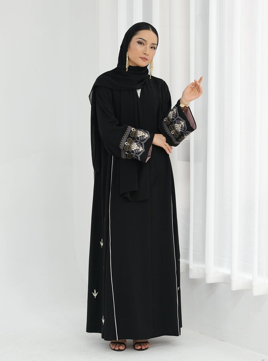 Get trendy with Asha Embroidered Open Abaya Kimono - Black -  available at Voilee NY. Grab yours for $64.90 today!