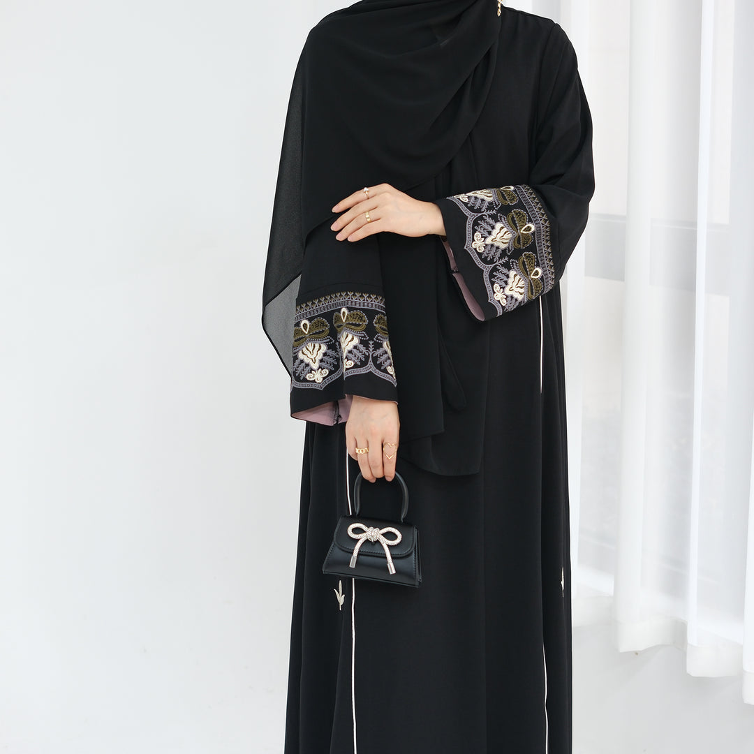 Get trendy with Asha Embroidered Open Abaya Kimono - Black -  available at Voilee NY. Grab yours for $64.90 today!