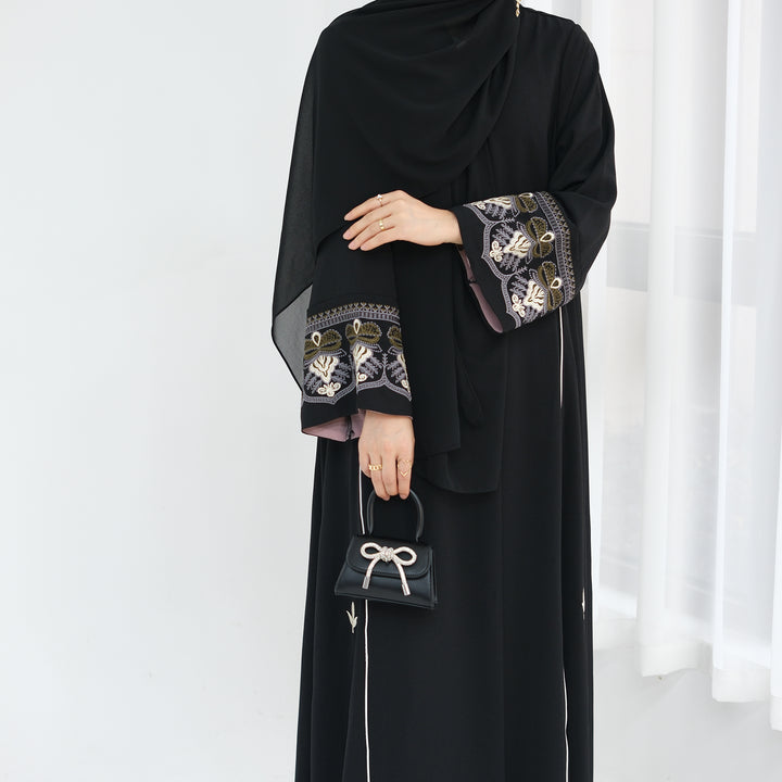 Get trendy with Asha Embroidered Open Abaya Kimono - Black -  available at Voilee NY. Grab yours for $64.90 today!