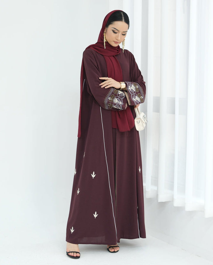 Get trendy with Asha Embroidered Open Abaya Kimono - Wine -  available at Voilee NY. Grab yours for $64.90 today!