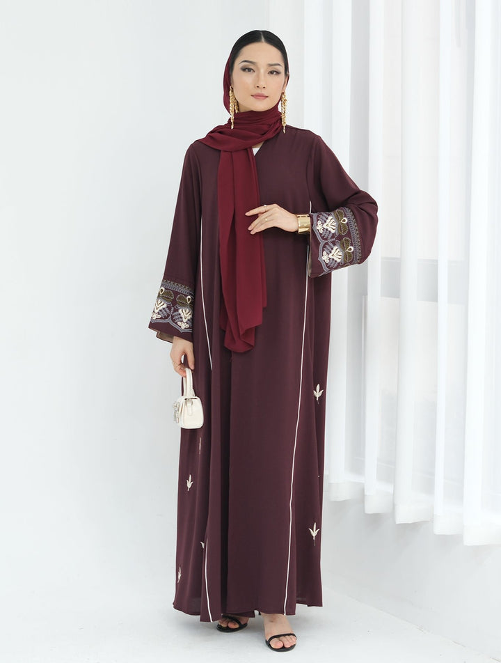 Get trendy with Asha Embroidered Open Abaya Kimono - Wine -  available at Voilee NY. Grab yours for $64.90 today!