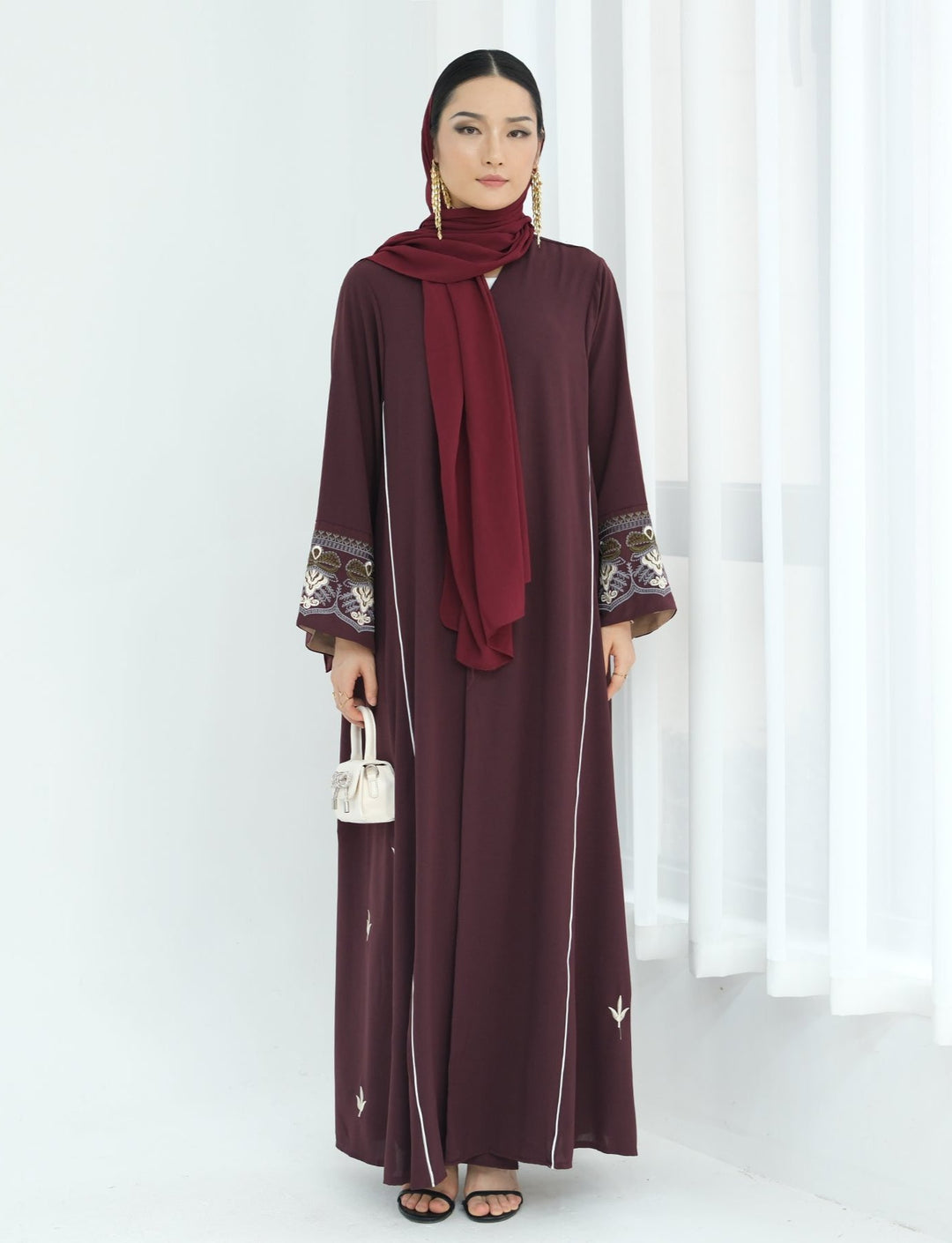 Get trendy with Asha Embroidered Open Abaya Kimono - Wine -  available at Voilee NY. Grab yours for $64.90 today!