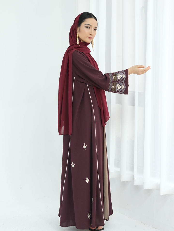 Get trendy with Asha Embroidered Open Abaya Kimono - Wine -  available at Voilee NY. Grab yours for $64.90 today!