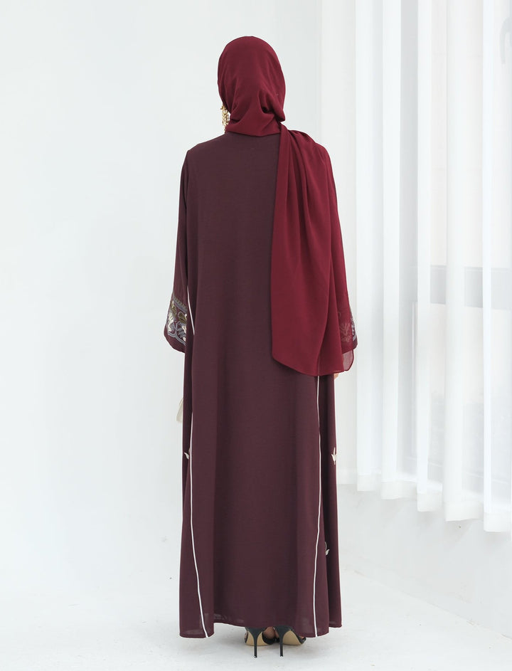 Get trendy with Asha Embroidered Open Abaya Kimono - Wine -  available at Voilee NY. Grab yours for $64.90 today!