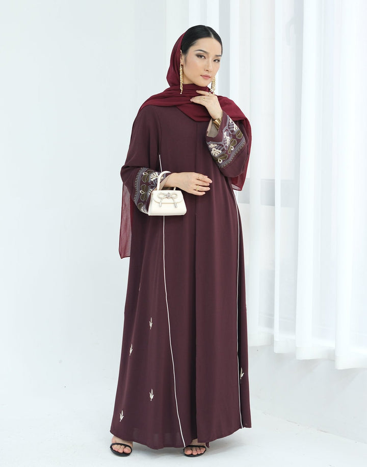 Get trendy with Asha Embroidered Open Abaya Kimono - Wine -  available at Voilee NY. Grab yours for $64.90 today!