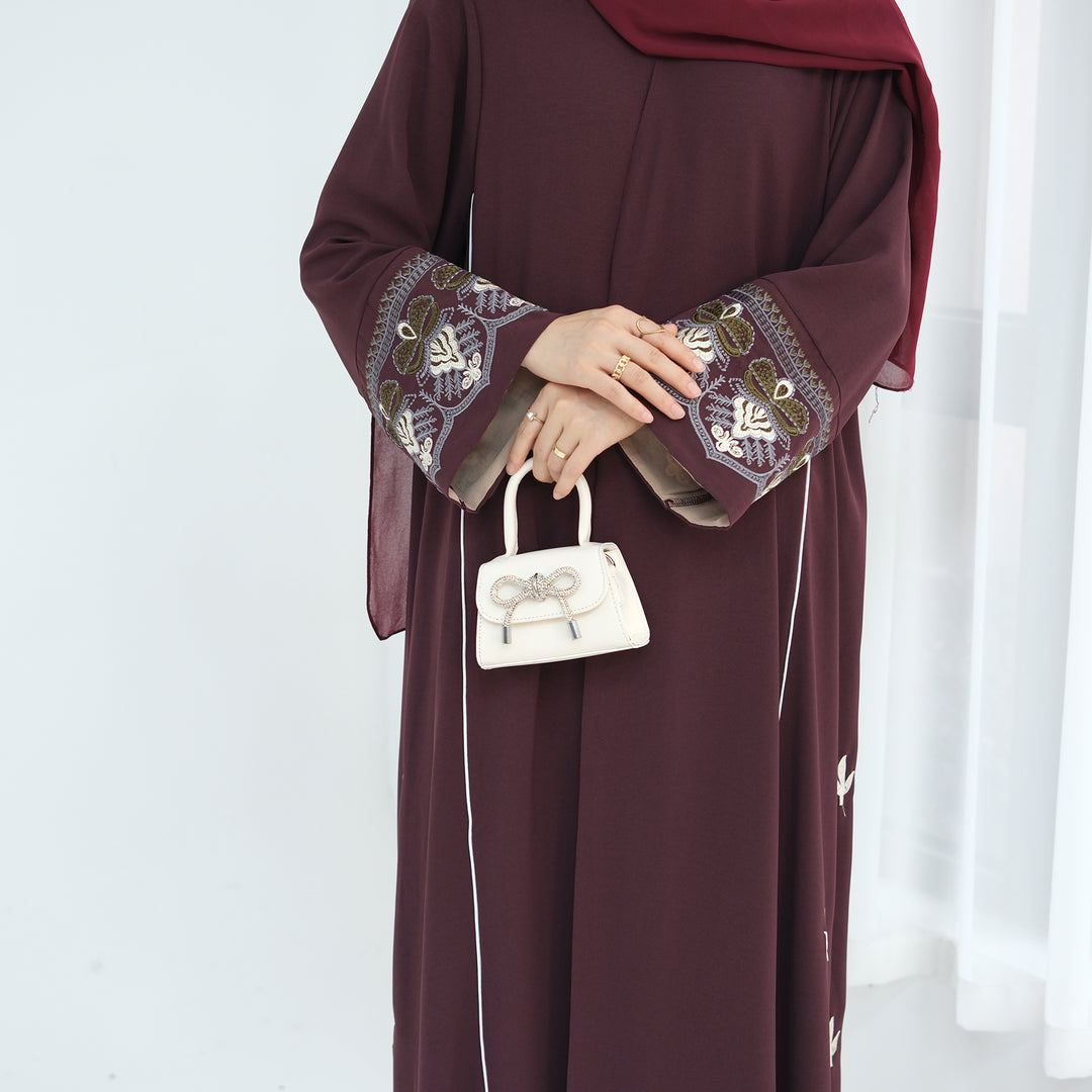 Get trendy with Asha Embroidered Open Abaya Kimono - Wine -  available at Voilee NY. Grab yours for $64.90 today!