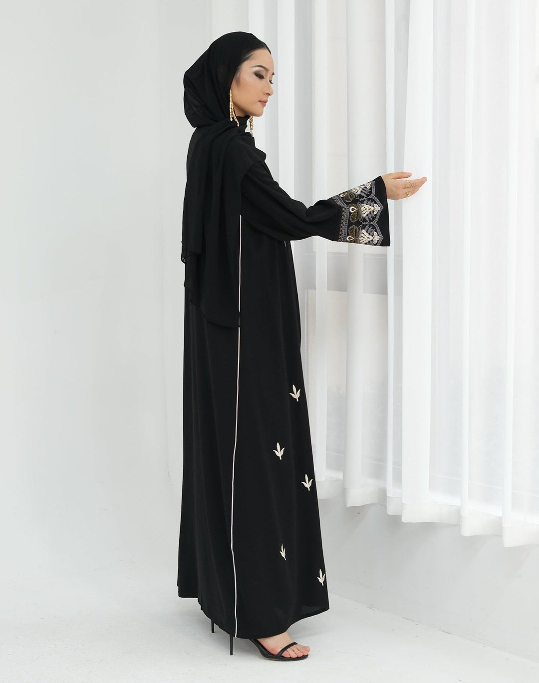 Get trendy with Asha Embroidered Open Abaya Kimono - Black -  available at Voilee NY. Grab yours for $64.90 today!