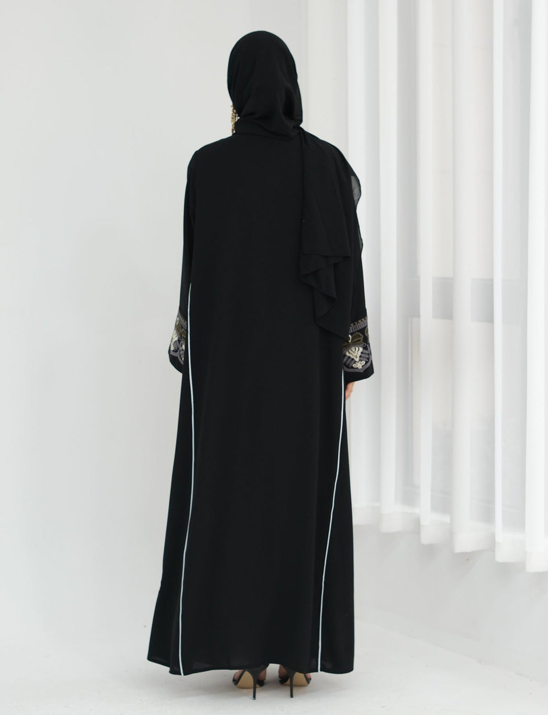 Get trendy with Asha Embroidered Open Abaya Kimono - Black -  available at Voilee NY. Grab yours for $64.90 today!