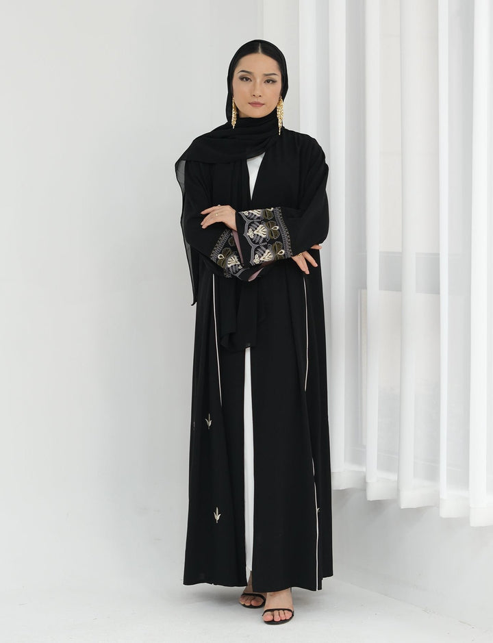 Get trendy with Asha Embroidered Open Abaya Kimono - Black -  available at Voilee NY. Grab yours for $64.90 today!