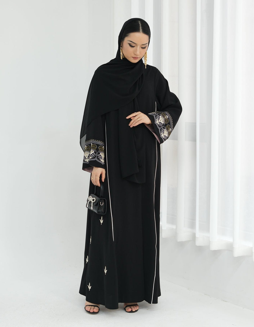 Get trendy with Asha Embroidered Open Abaya Kimono - Black -  available at Voilee NY. Grab yours for $64.90 today!