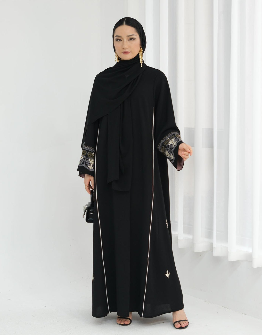 Get trendy with Asha Embroidered Open Abaya Kimono - Black -  available at Voilee NY. Grab yours for $64.90 today!