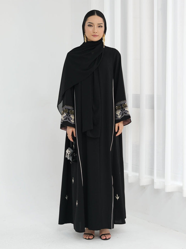 Get trendy with Asha Embroidered Open Abaya Kimono - Black -  available at Voilee NY. Grab yours for $64.90 today!