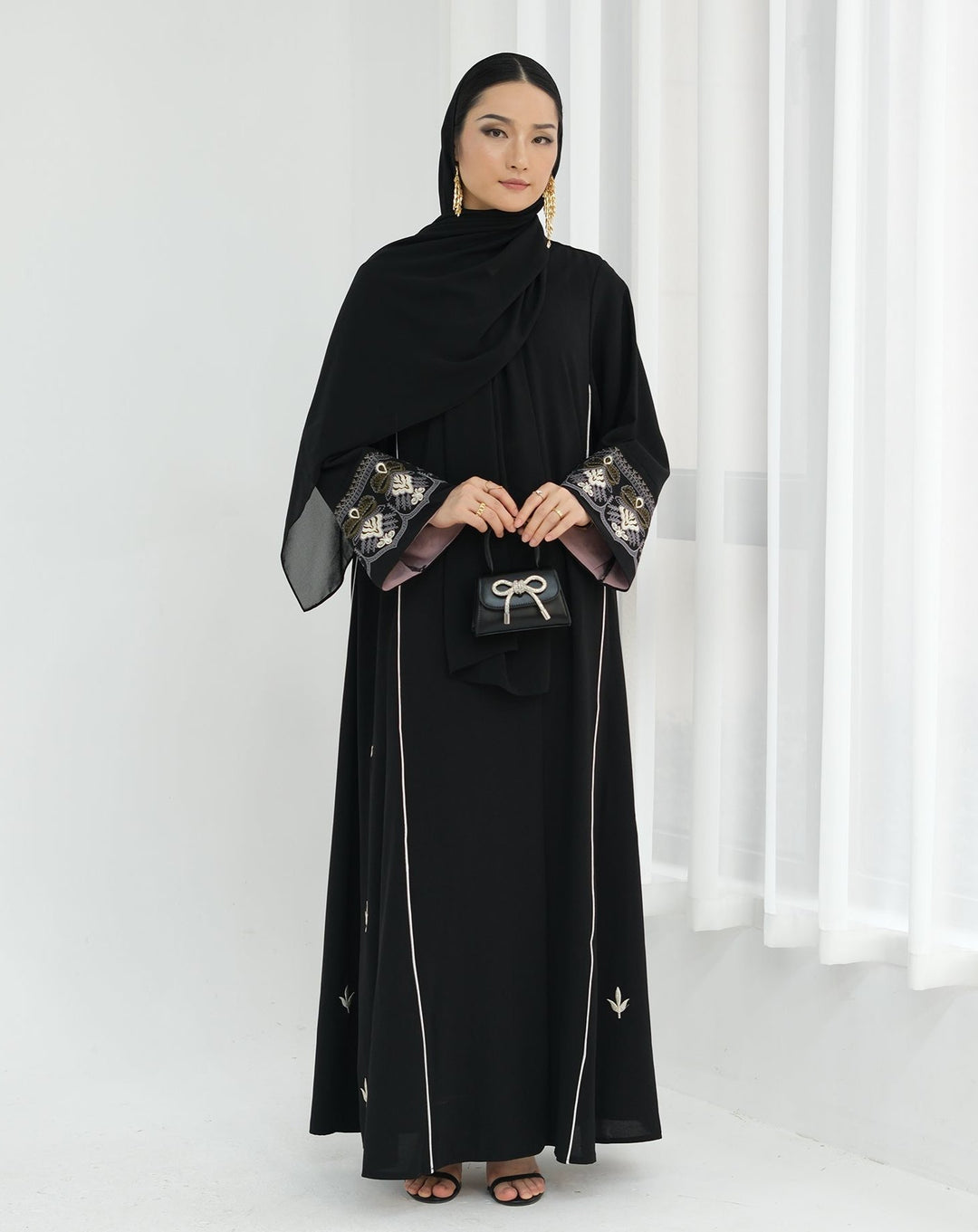 Get trendy with Asha Embroidered Open Abaya Kimono - Black -  available at Voilee NY. Grab yours for $64.90 today!