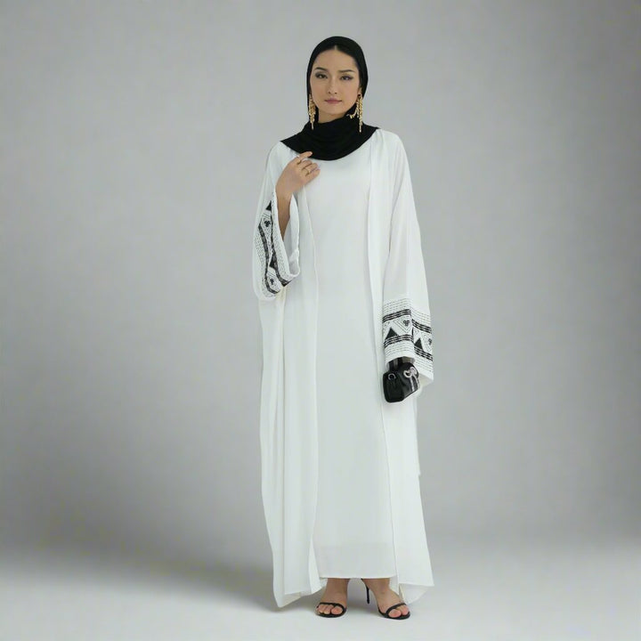 Get trendy with Amber Open Abaya Kimono - White -  available at Voilee NY. Grab yours for $59.90 today!