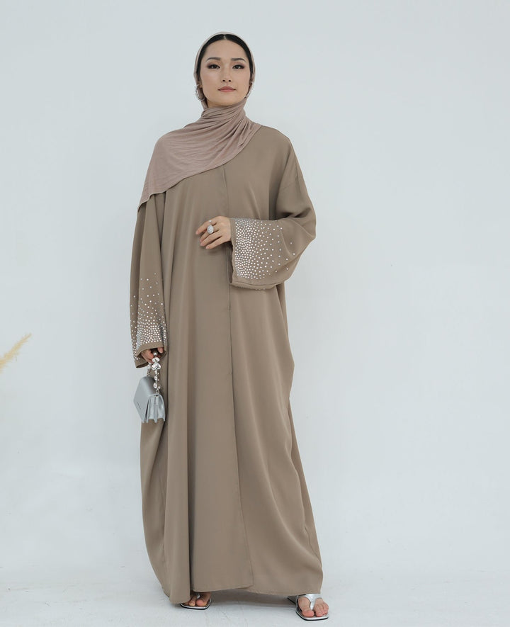 Get trendy with Mariya Rhinestone Open Abaya Kimono - Beige -  available at Voilee NY. Grab yours for $64.90 today!