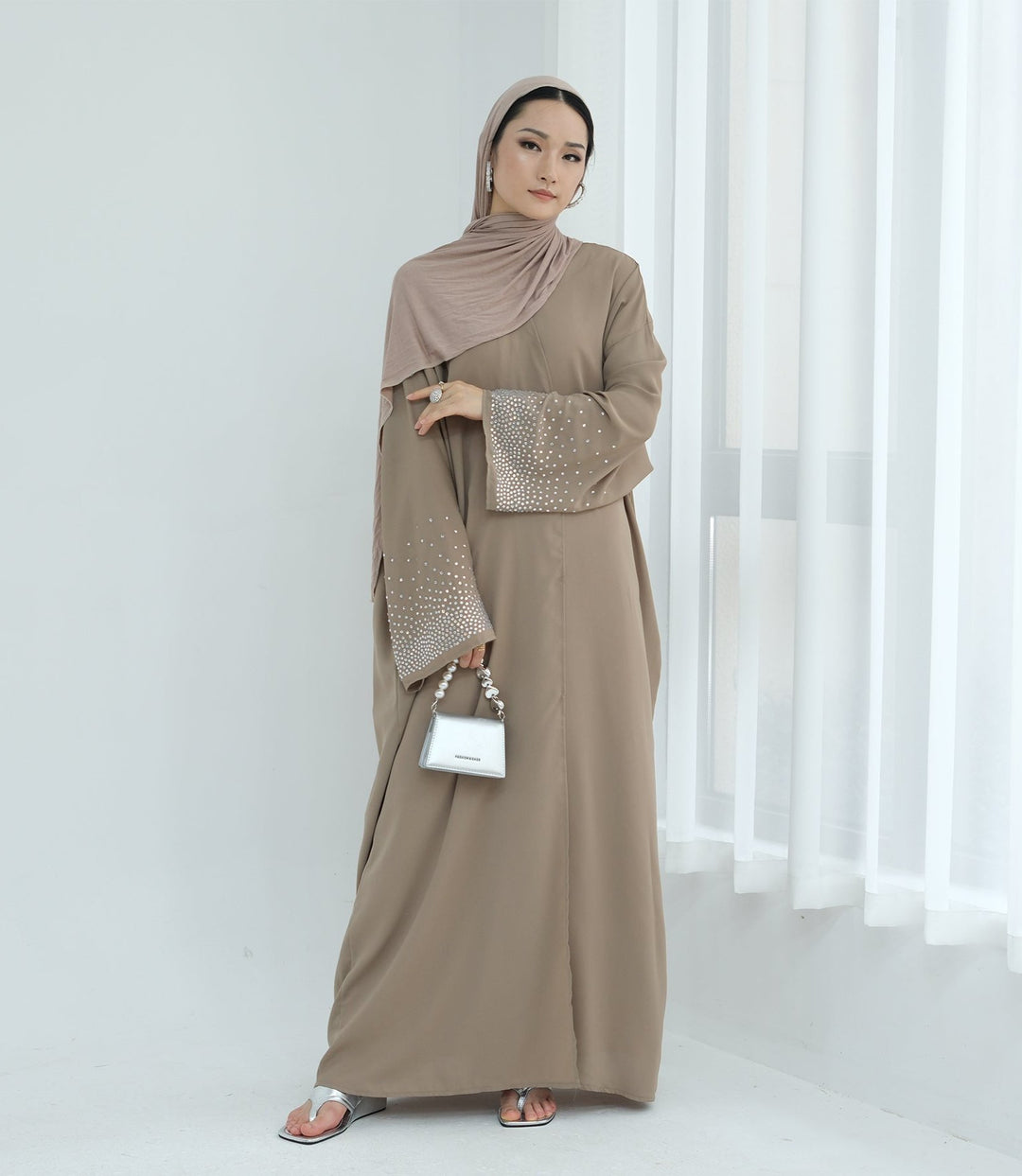 Get trendy with Mariya Rhinestone Open Abaya Kimono - Beige -  available at Voilee NY. Grab yours for $64.90 today!