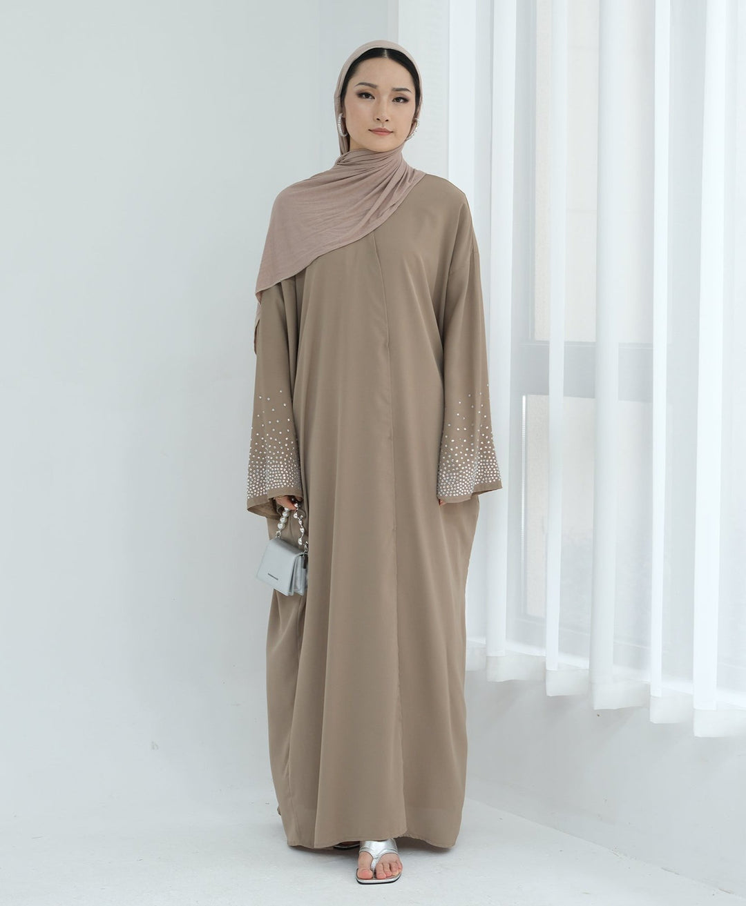 Get trendy with Mariya Rhinestone Open Abaya Kimono - Beige -  available at Voilee NY. Grab yours for $64.90 today!