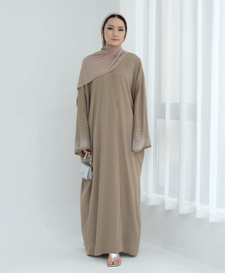 Get trendy with Mariya Rhinestone Open Abaya Kimono - Beige -  available at Voilee NY. Grab yours for $64.90 today!