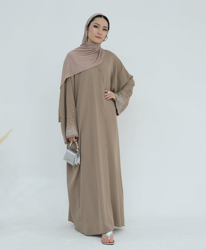 Get trendy with Mariya Rhinestone Open Abaya Kimono - Beige -  available at Voilee NY. Grab yours for $64.90 today!