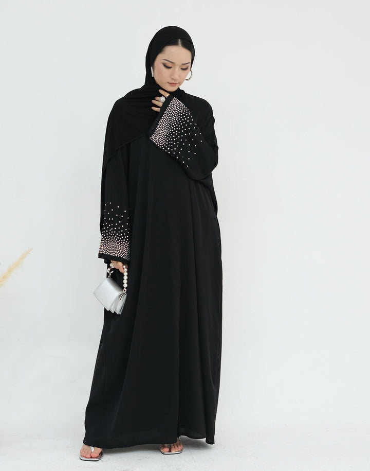 Get trendy with Mariya Rhinestone Open Abaya Kimono - Black -  available at Voilee NY. Grab yours for $64.90 today!