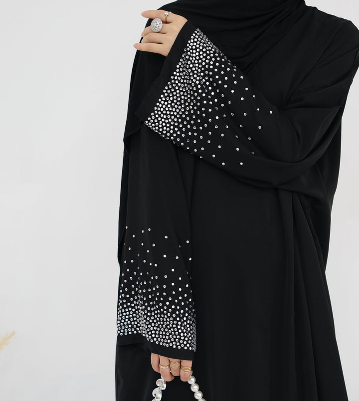 Get trendy with Mariya Rhinestone Open Abaya Kimono - Black -  available at Voilee NY. Grab yours for $64.90 today!