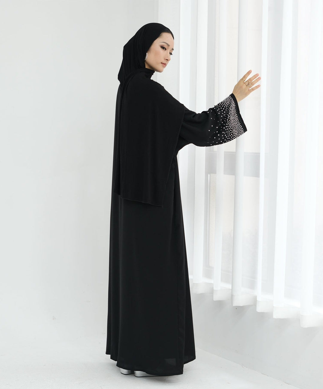 Get trendy with Mariya Rhinestone Open Abaya Kimono - Black -  available at Voilee NY. Grab yours for $64.90 today!