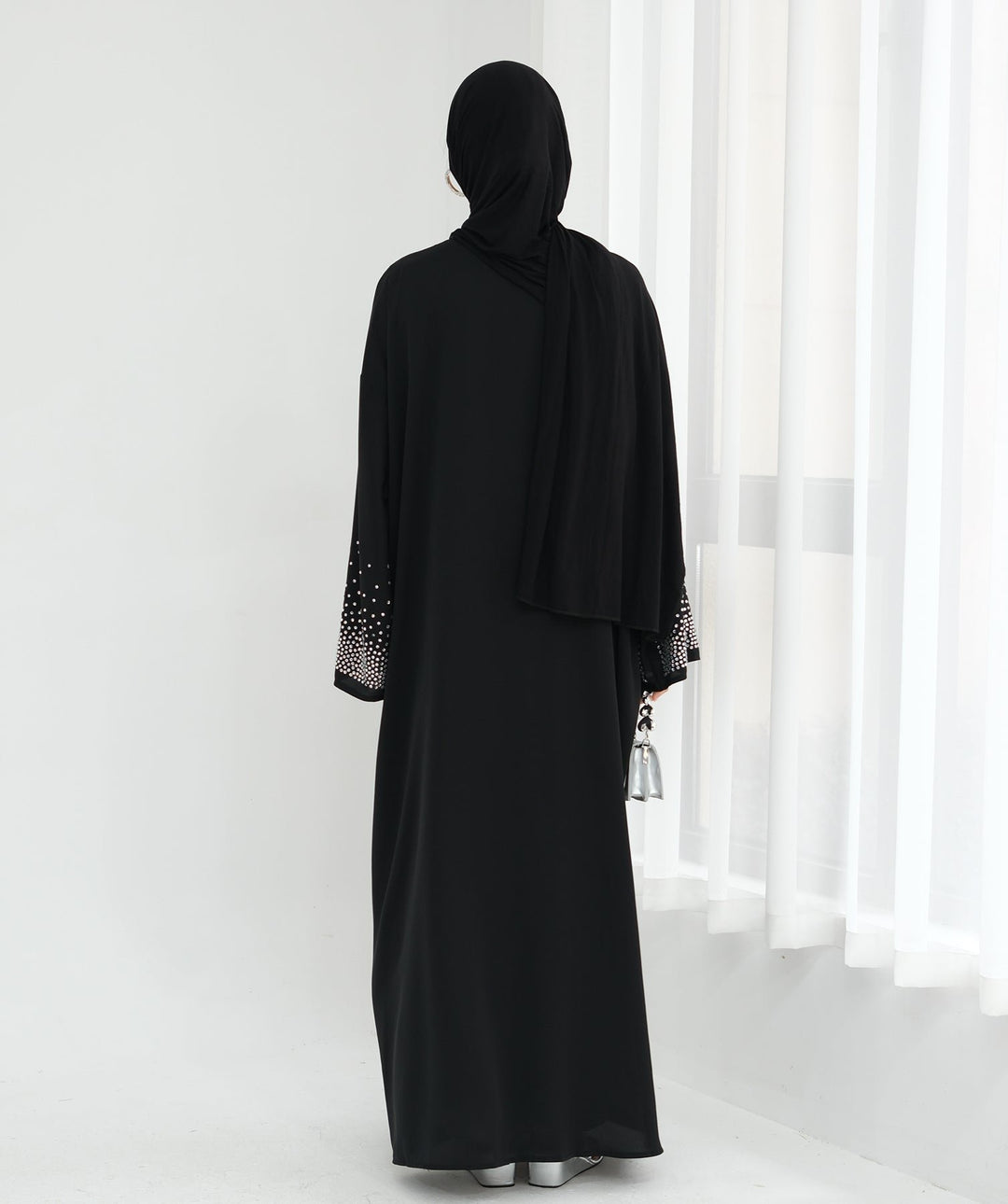 Get trendy with Mariya Rhinestone Open Abaya Kimono - Black -  available at Voilee NY. Grab yours for $64.90 today!