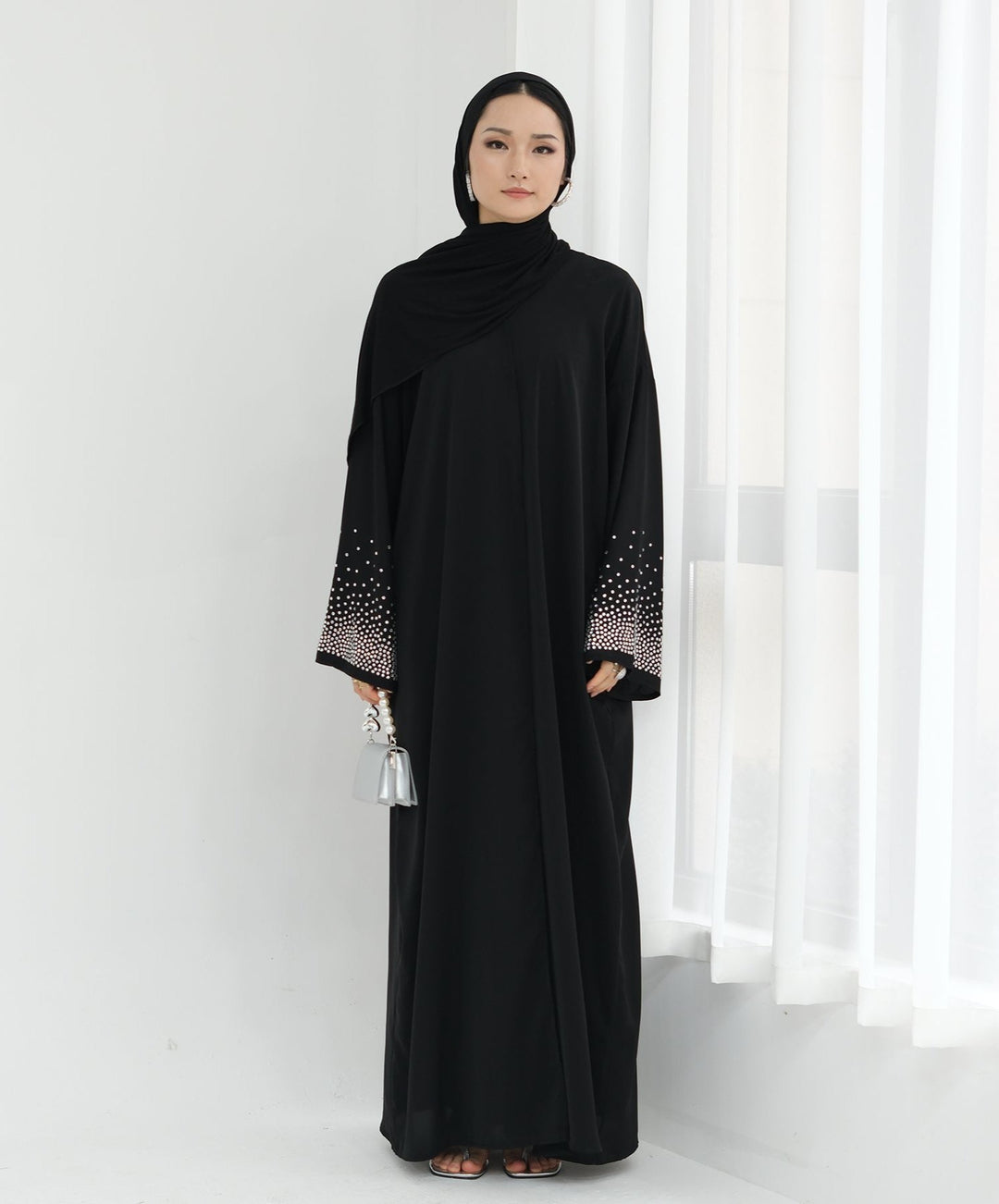 Get trendy with Mariya Rhinestone Open Abaya Kimono - Black -  available at Voilee NY. Grab yours for $64.90 today!