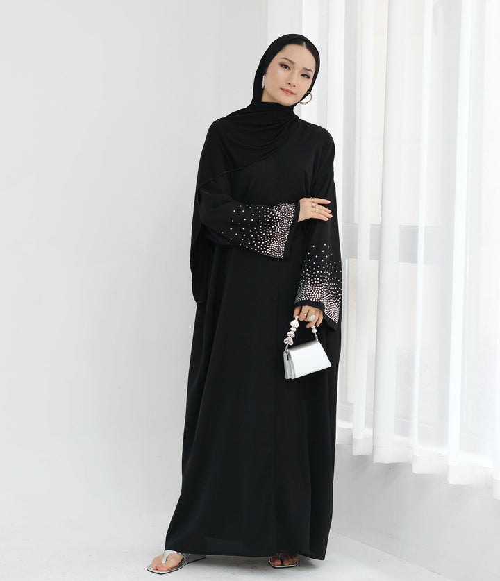 Get trendy with Mariya Rhinestone Open Abaya Kimono - Black -  available at Voilee NY. Grab yours for $64.90 today!