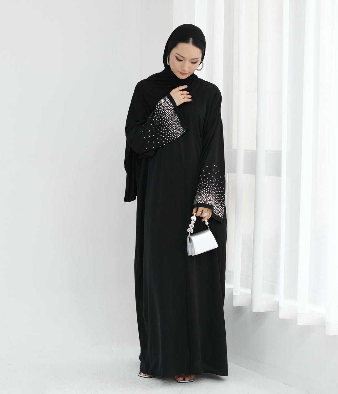 Get trendy with Mariya Rhinestone Open Abaya Kimono - Black -  available at Voilee NY. Grab yours for $64.90 today!