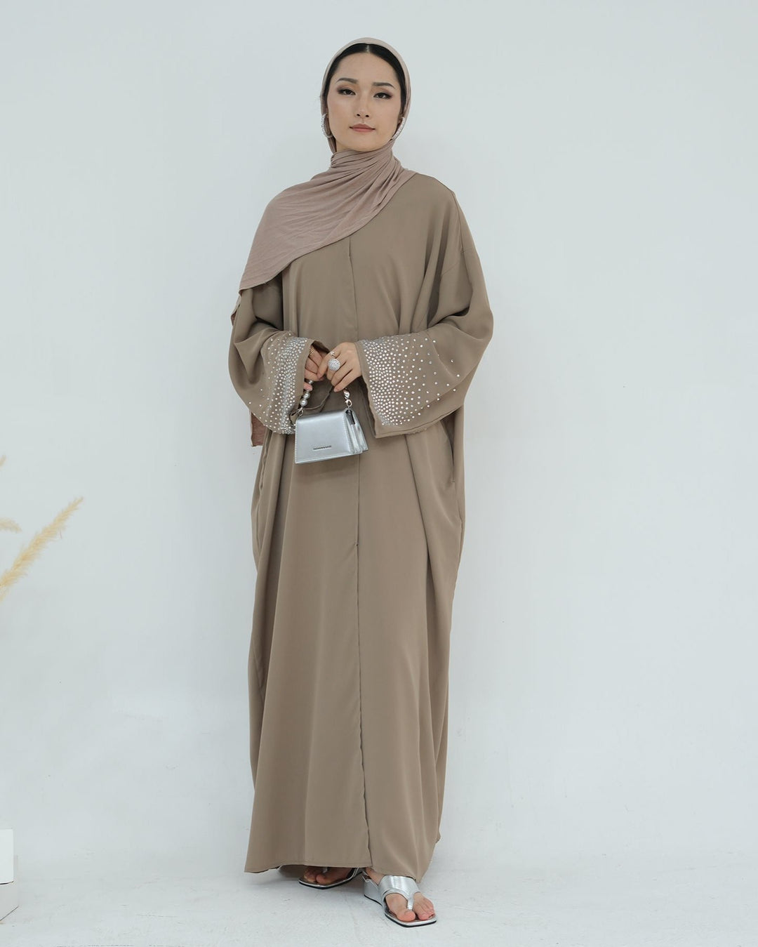 Get trendy with Mariya Rhinestone Open Abaya Kimono - Beige -  available at Voilee NY. Grab yours for $64.90 today!