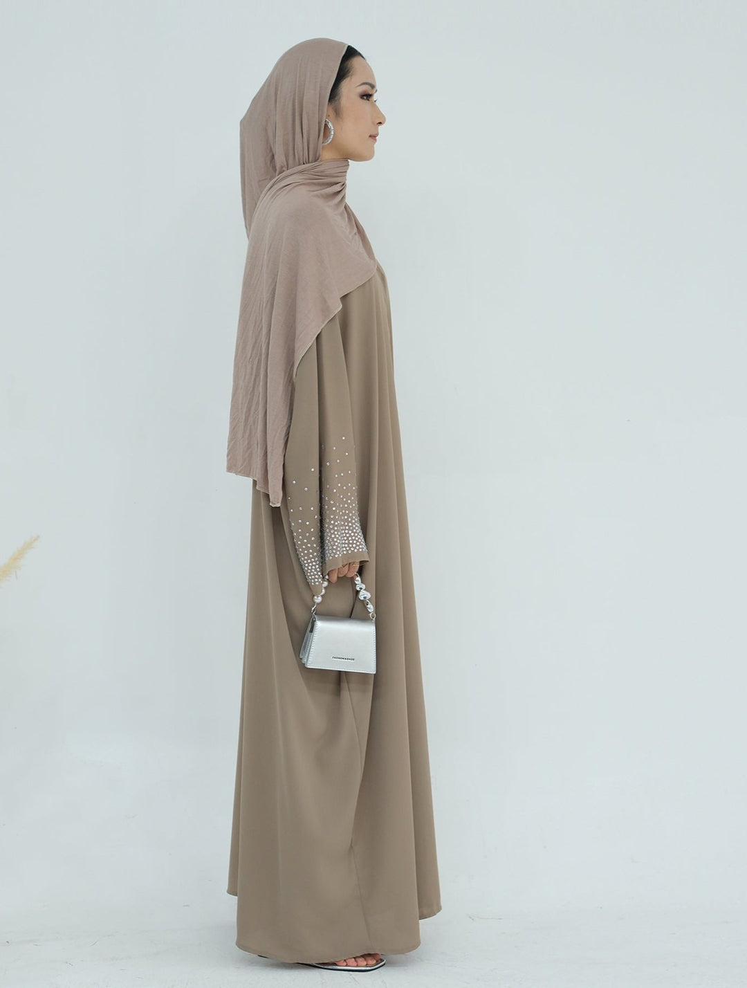 Get trendy with Mariya Rhinestone Open Abaya Kimono - Beige -  available at Voilee NY. Grab yours for $64.90 today!