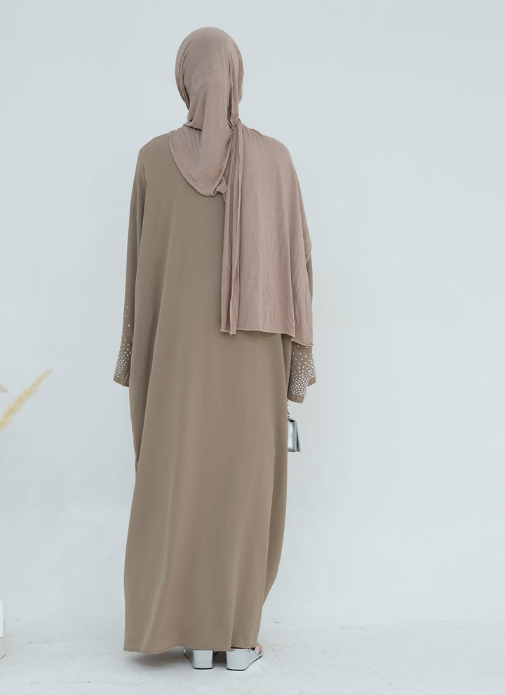 Get trendy with Mariya Rhinestone Open Abaya Kimono - Beige -  available at Voilee NY. Grab yours for $64.90 today!