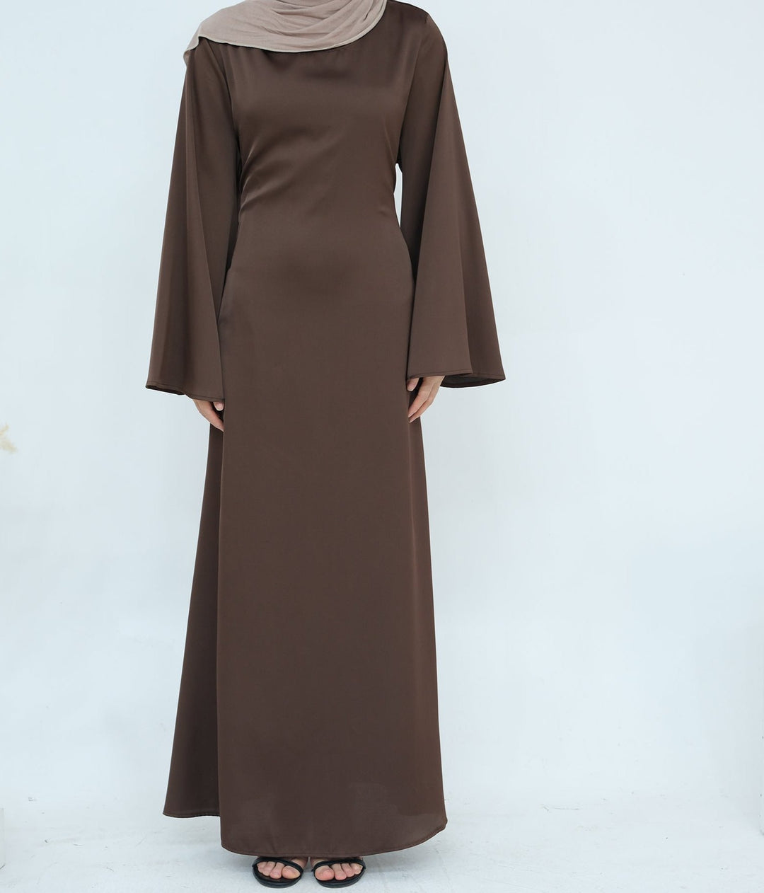 Get trendy with Calista Trumpet Sleeves Satin Dress - Brown - Dresses available at Voilee NY. Grab yours for $59.90 today!