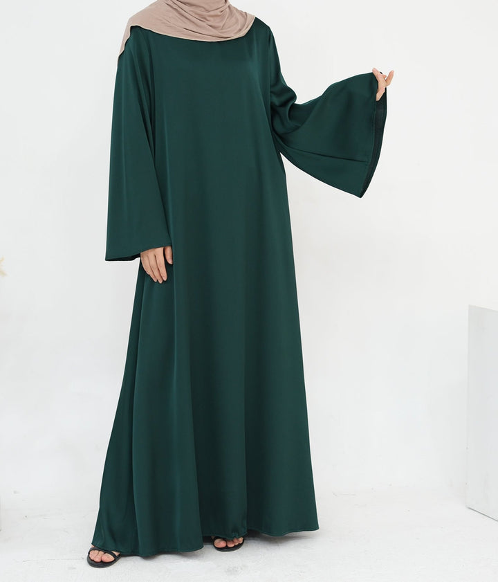 Get trendy with Calista Trumpet Sleeves Satin Dress - Emerald - Dresses available at Voilee NY. Grab yours for $59.90 today!