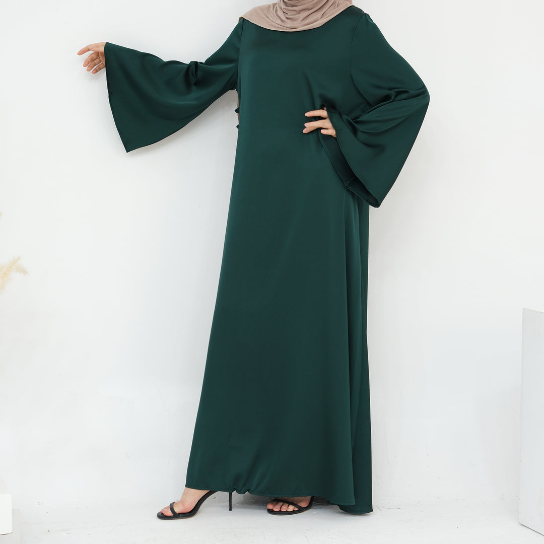 Get trendy with Calista Trumpet Sleeves Satin Dress - Emerald - Dresses available at Voilee NY. Grab yours for $59.90 today!