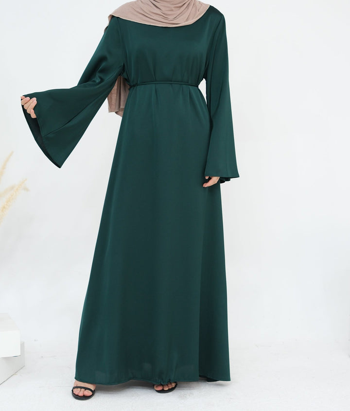 Get trendy with Calista Trumpet Sleeves Satin Dress - Emerald - Dresses available at Voilee NY. Grab yours for $59.90 today!