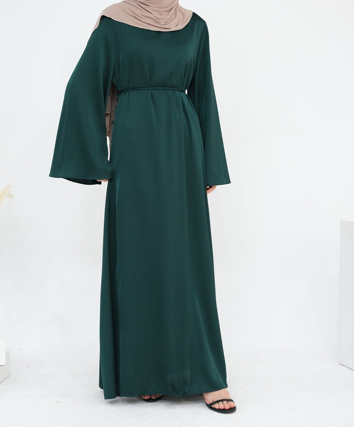 Get trendy with Calista Trumpet Sleeves Satin Dress - Emerald - Dresses available at Voilee NY. Grab yours for $59.90 today!