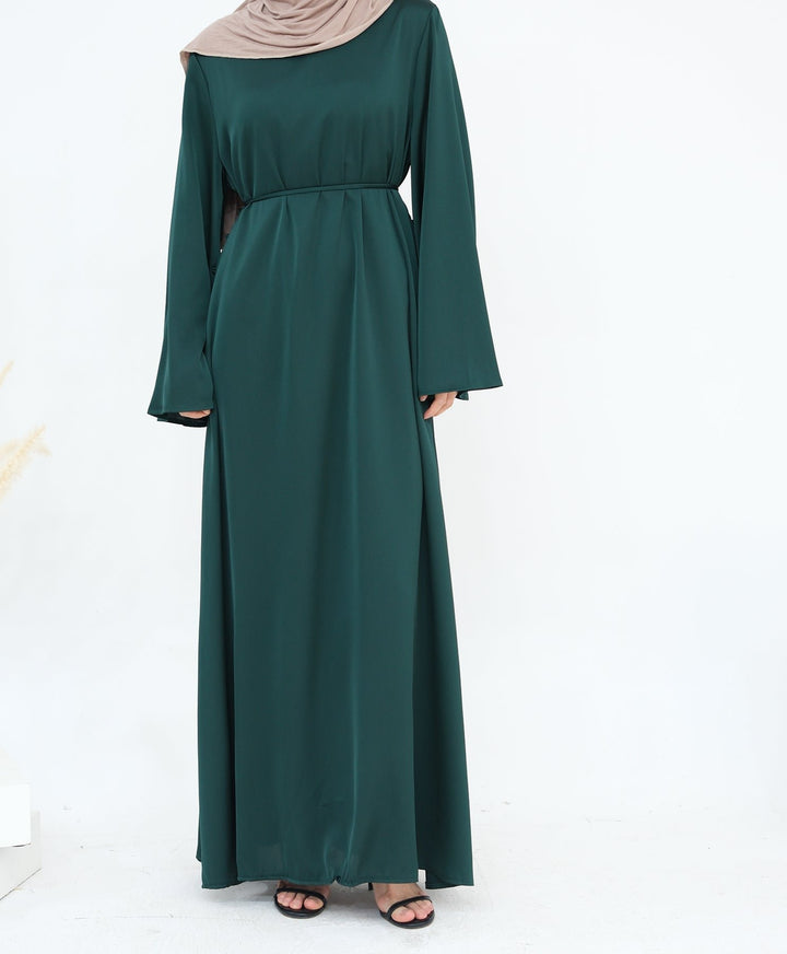 Get trendy with Calista Trumpet Sleeves Satin Dress - Emerald - Dresses available at Voilee NY. Grab yours for $59.90 today!