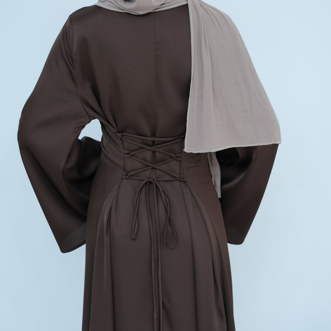 Get trendy with Calista Trumpet Sleeves Satin Dress - Brown - Dresses available at Voilee NY. Grab yours for $59.90 today!