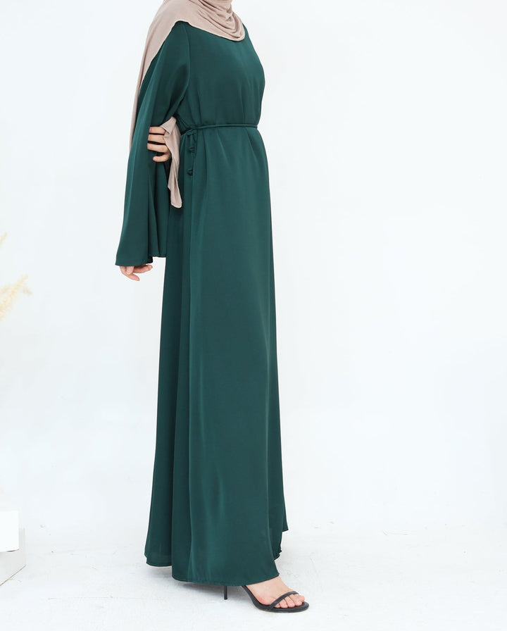 Get trendy with Calista Trumpet Sleeves Satin Dress - Emerald - Dresses available at Voilee NY. Grab yours for $59.90 today!