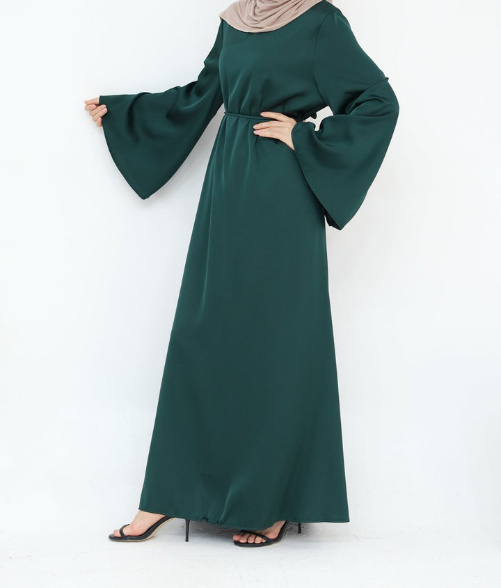 Get trendy with Calista Trumpet Sleeves Satin Dress - Emerald - Dresses available at Voilee NY. Grab yours for $59.90 today!